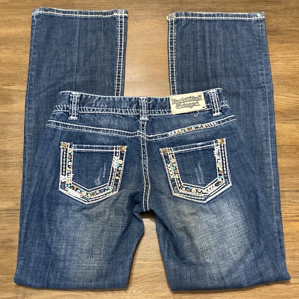 Rock & Roll Cowgirl Size 27 Low Rise Bootcut Jeans Bling Thick Stitch Inseam 33”